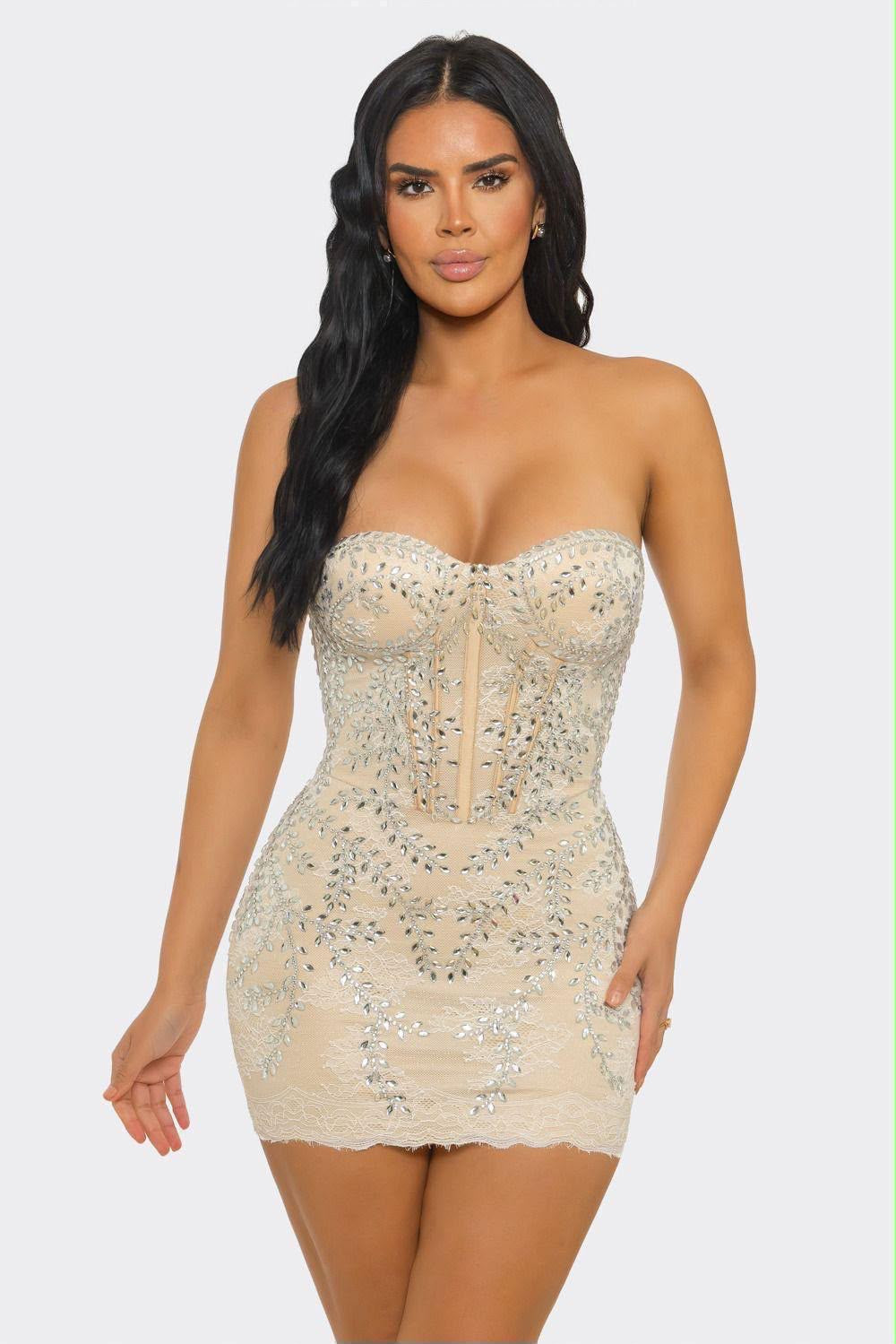 Crystal Vine Embellished Strapless Mini Dress