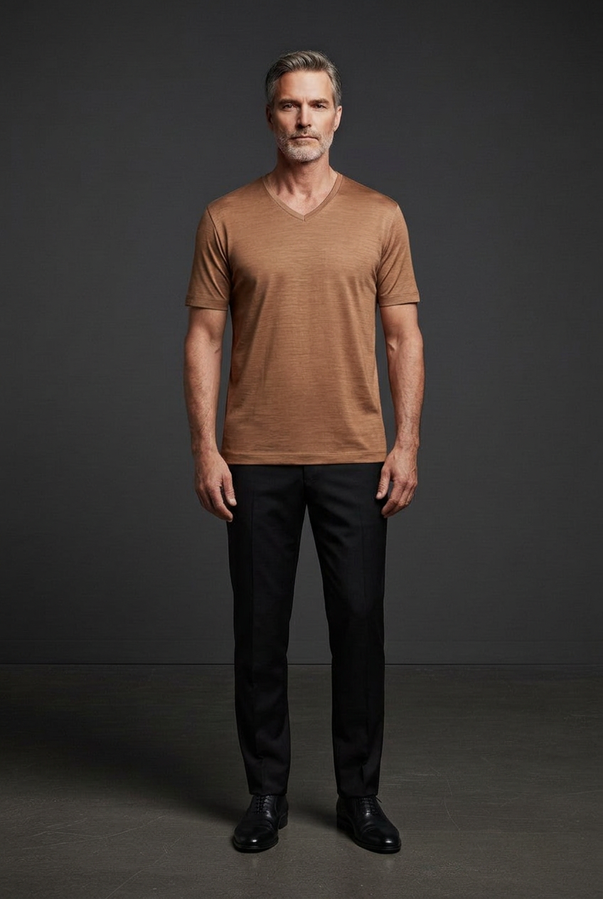 Caramel brown V-neck T-shirt on Vercini model