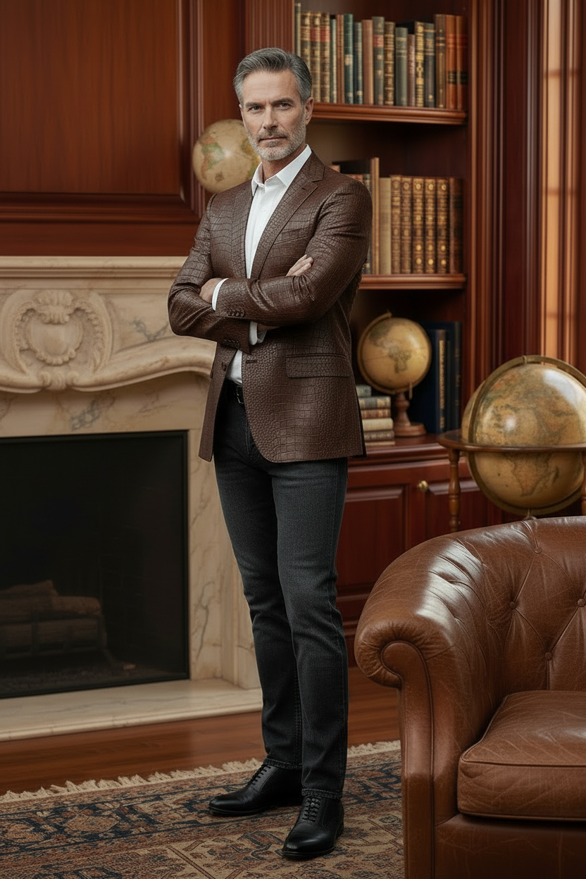 Luxury Crocodile Embossed Blazer - Cognac Brown/black