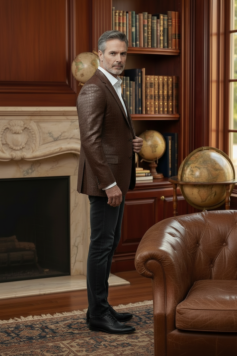 Luxury Crocodile Embossed Blazer - Cognac Brown/black
