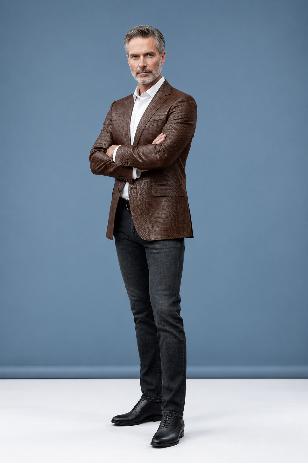 Chocolate jacket arms-crossed pose