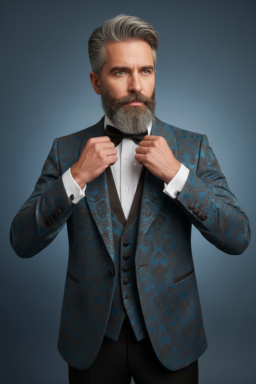 Close-up showing vest trim and lapels