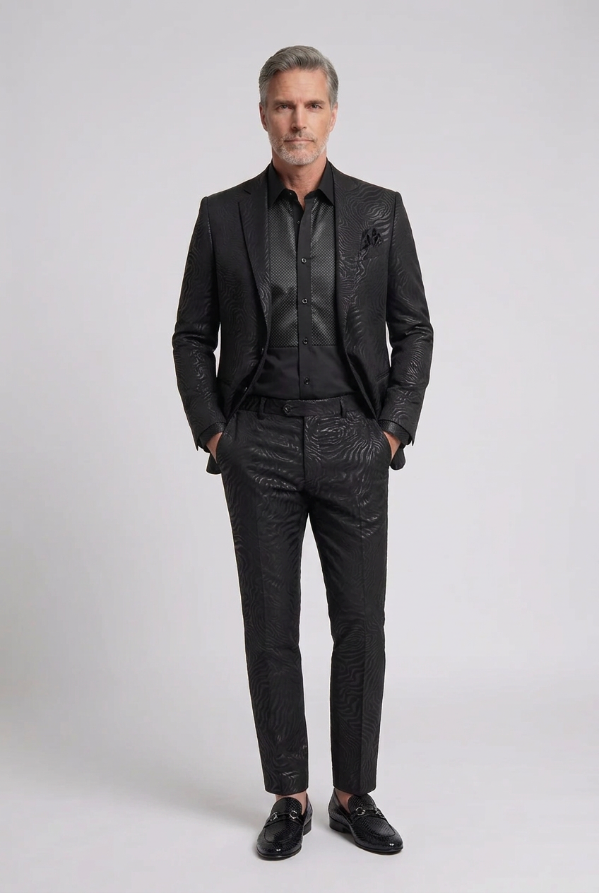 Men’s Black Tonal Wave-Pattern Blazer