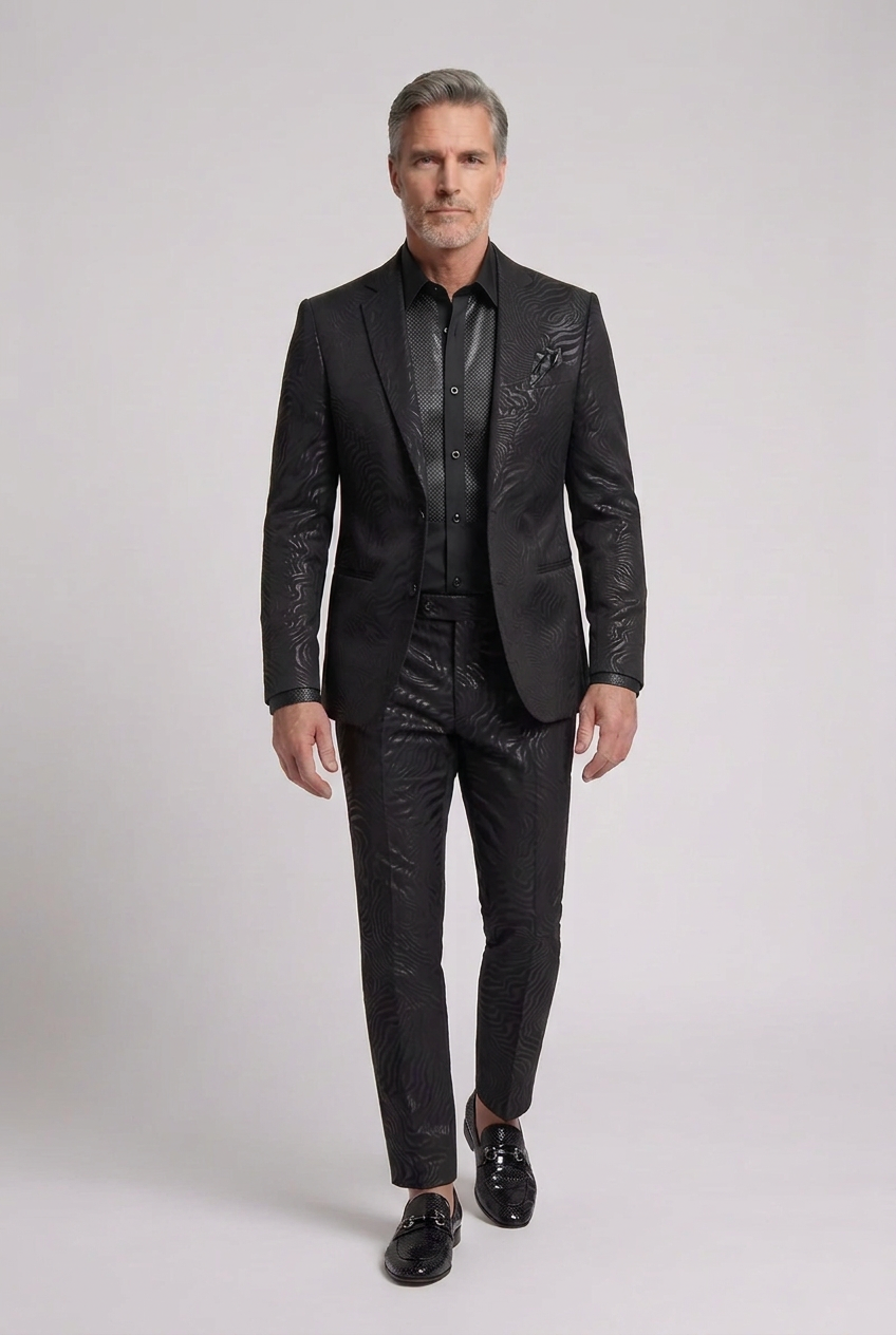 Men’s Black Tonal Wave-Pattern Blazer