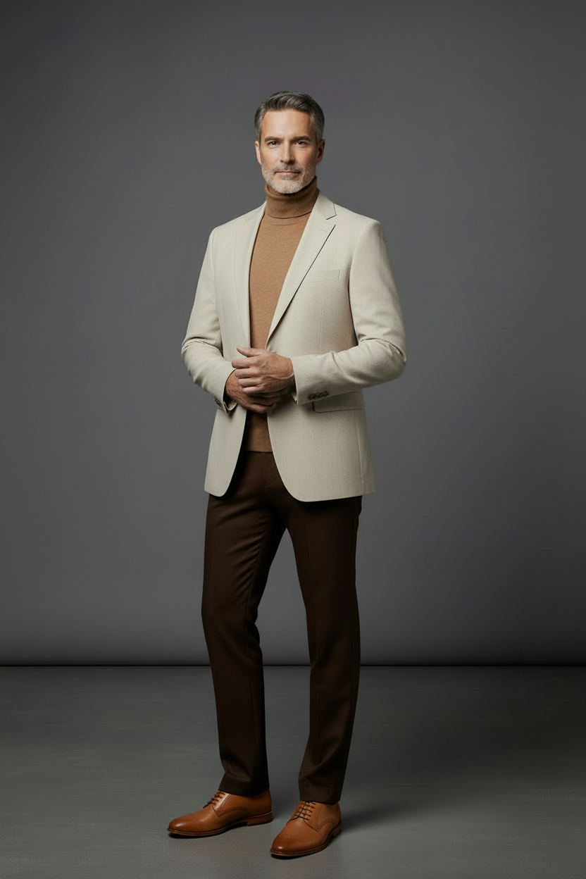 Cream blazer with light brown turtleneck, brown pants and camel shoes