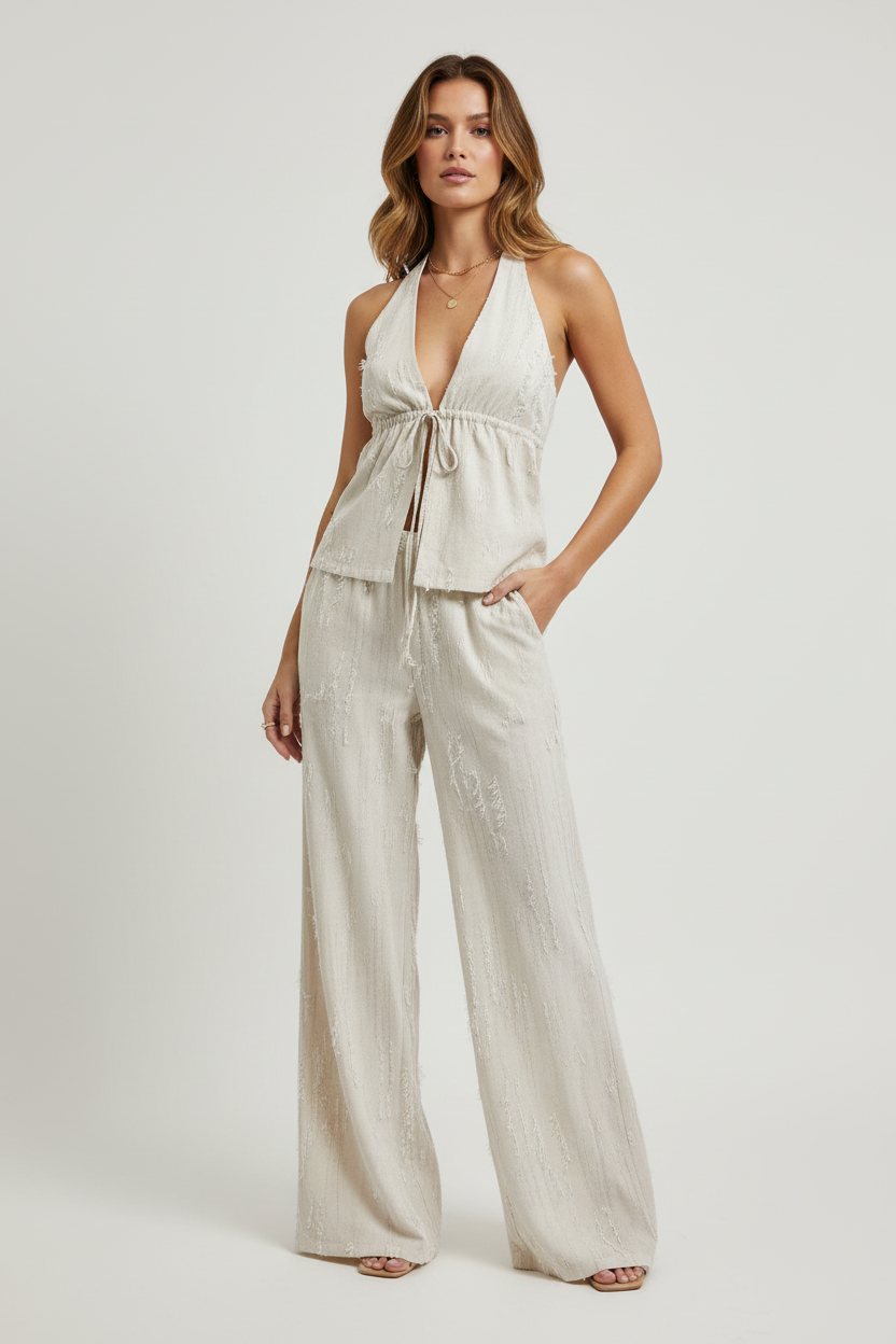 Cream Fringe Two-Piece Set on Model