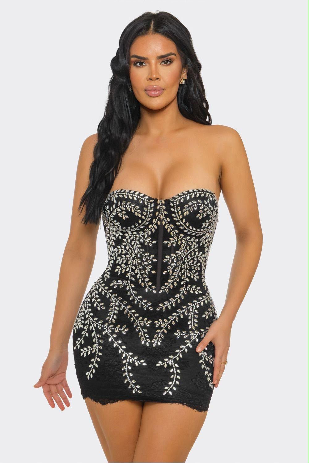 Crystal Vine Embellished Strapless Mini Dress