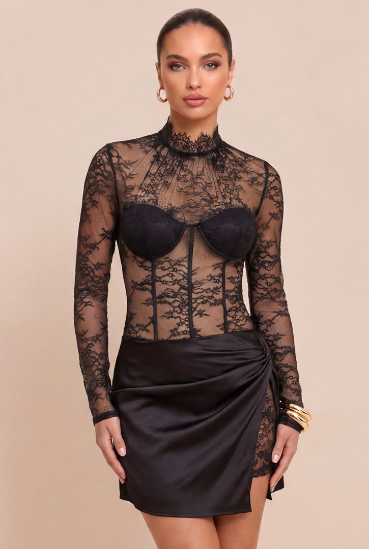 LACE  SATIN MINI DRESS
