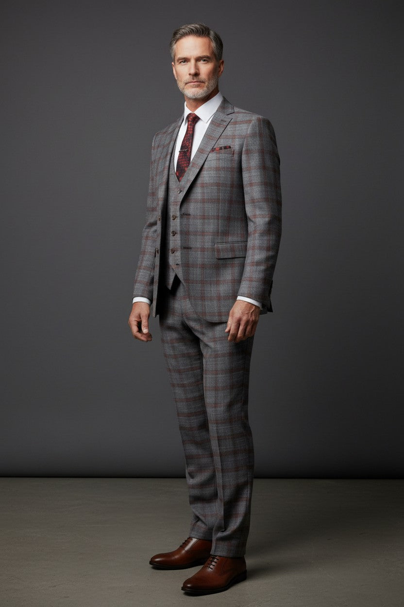 Dark Gray Burgundy Plaid Three-Piece Vested Suit