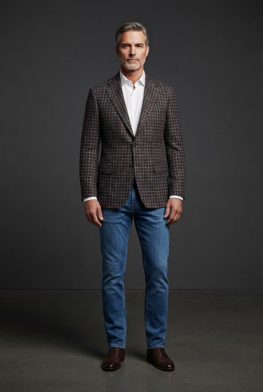 Dark burgundy checked jacket with blue jeans