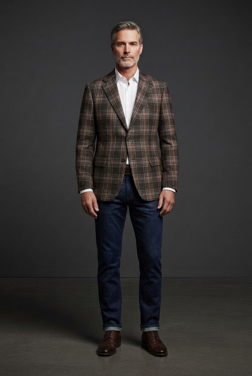 Dark olive and camel plaid jacket on your model