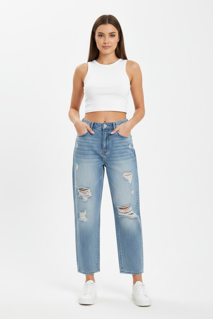 Distressed Boyfriend Jeans on Model