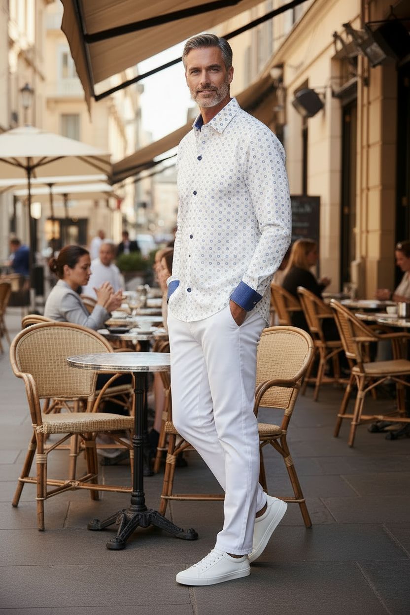 Vercini White Medallion Print Slim Fit Dress Shirt