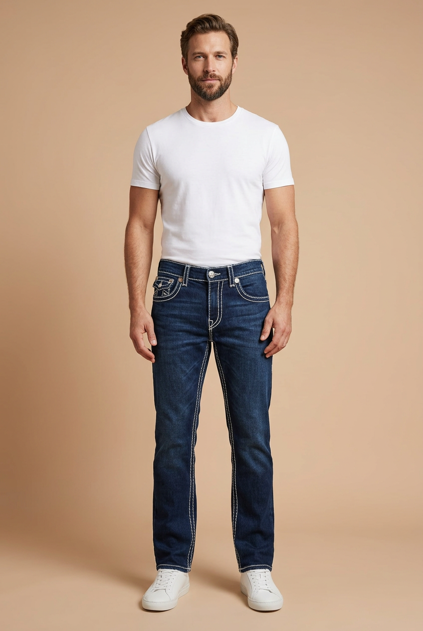 Front-facing male model in dark indigo jeans