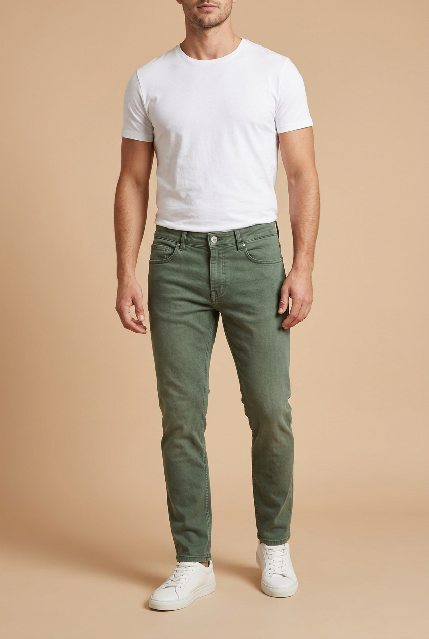 Front-facing male model in olive-green jeans