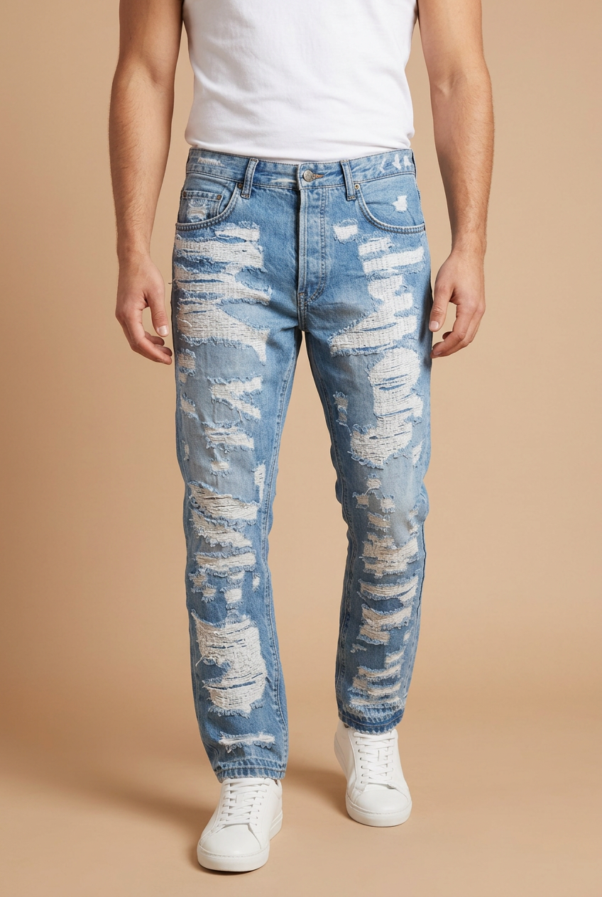 Front-facing model wearing distressed blue jeans