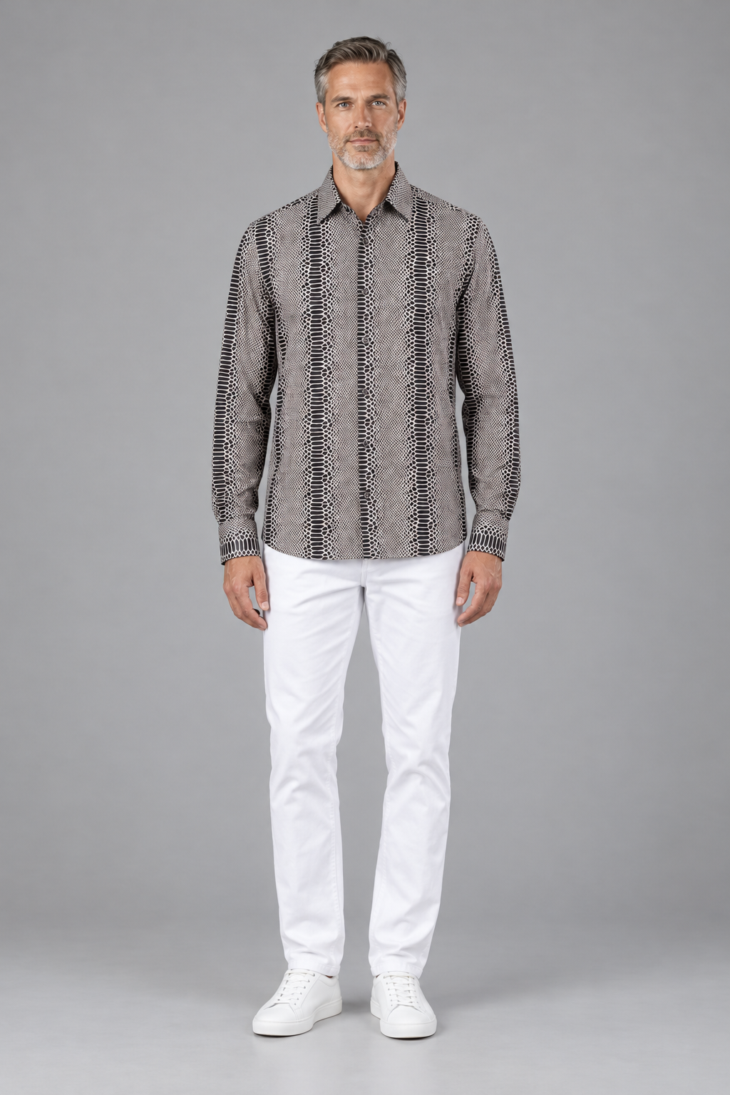 Men’s Snakeskin Print Long-Sleeve Button-Up Shirt – Taupe & Black