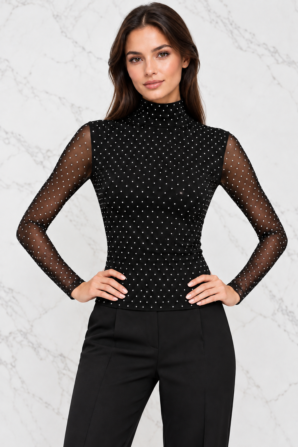 Front-facing pose showing the neckline and sheer sleeves