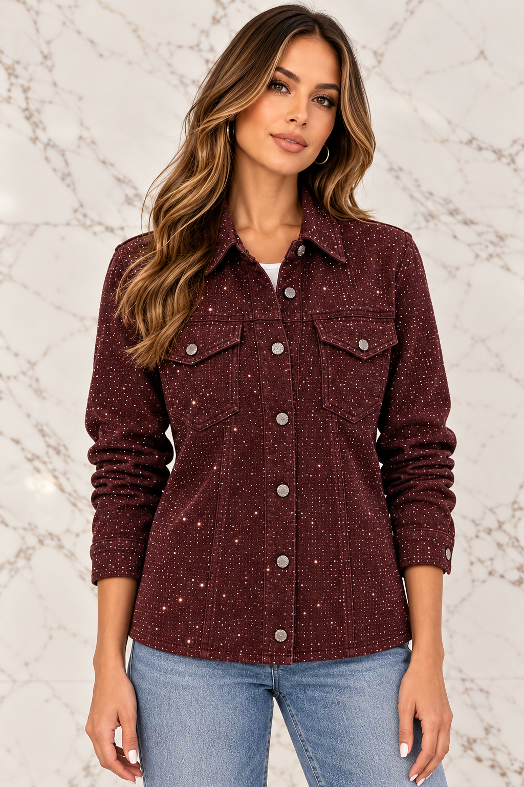 Front-facing pose with buttoned jacket