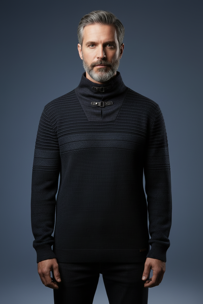 Front view dark toggle sweater