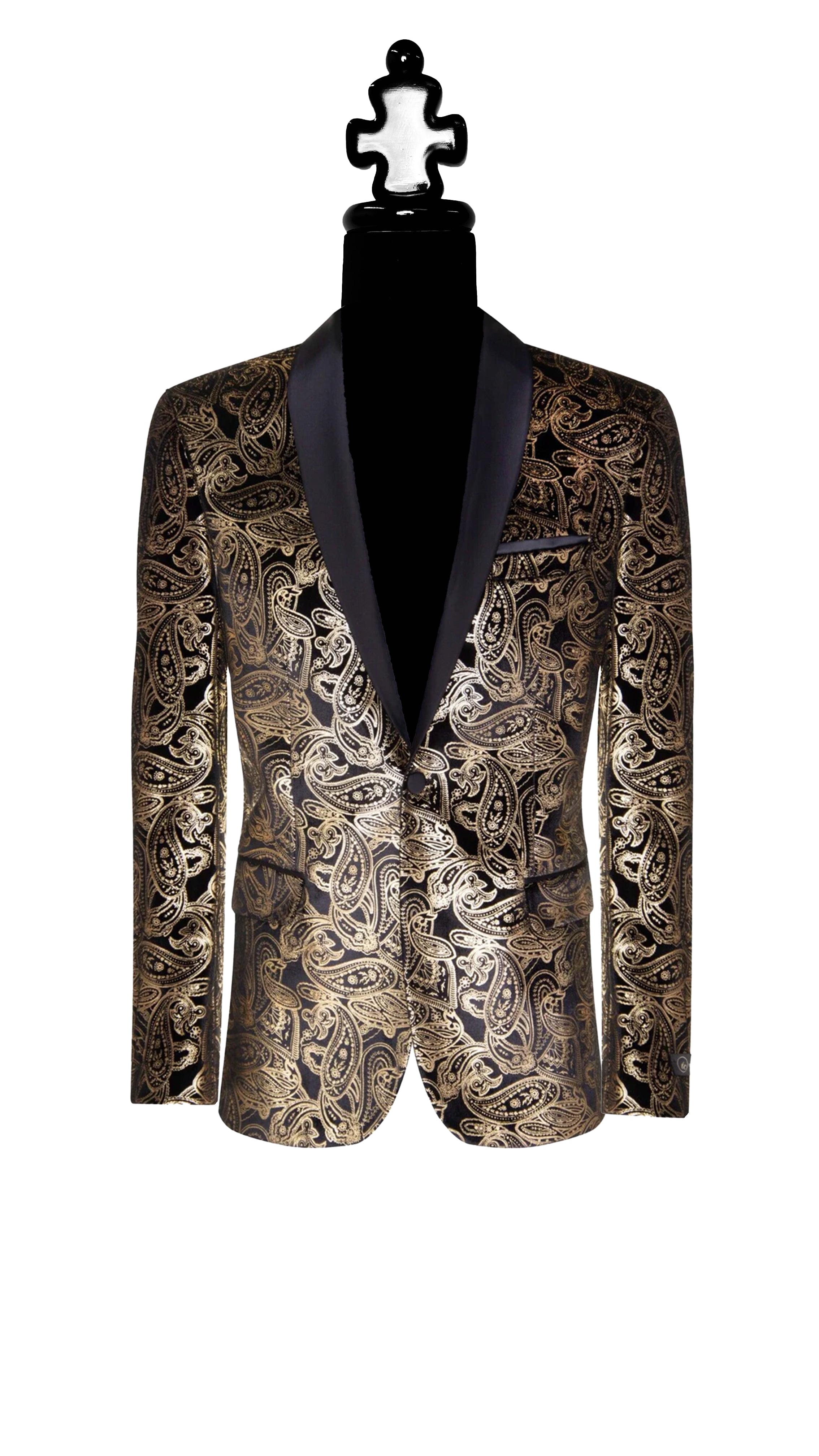 Premium Gold Paisley Floral Black Tuxedo with Silk Lapel BLAZERS Vercini