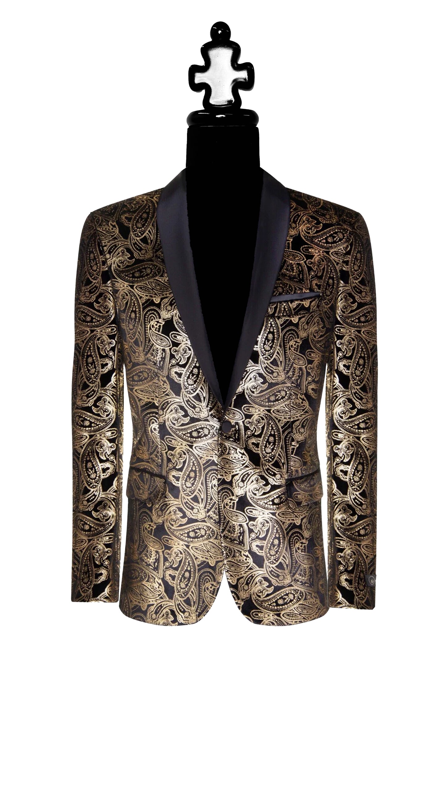 Premium Gold Paisley Floral Black Tuxedo with Silk Lapel BLAZERS Blazer Collection Vercini