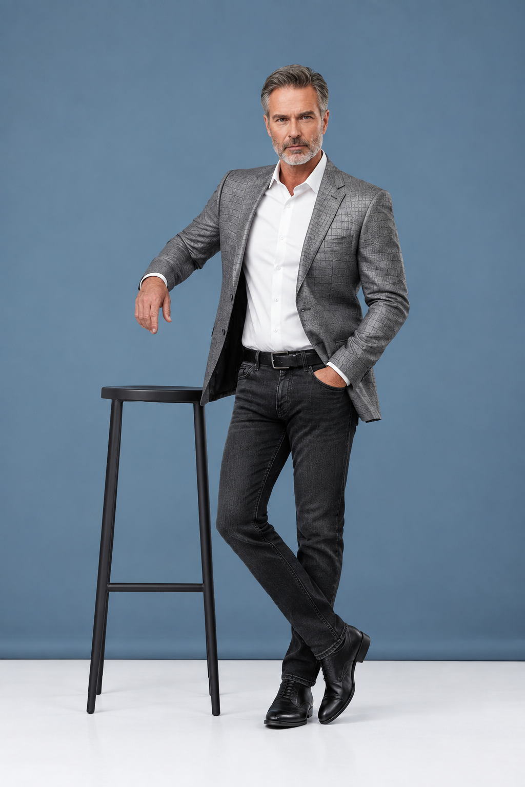 Gray jacket leaning pose