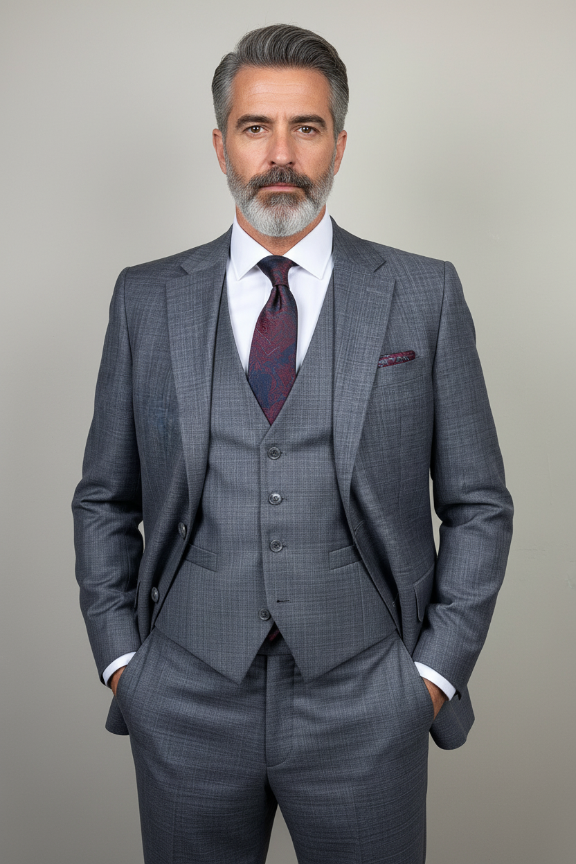Gray suit hands in pockets
