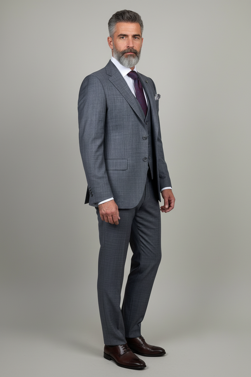 Gray suit three-quarter turn