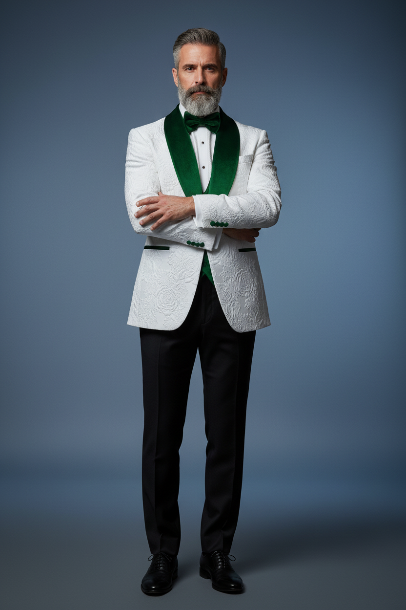 Green velvet 3-piece confident pose