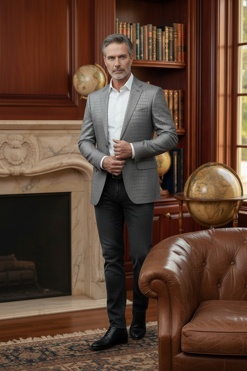 Grey blazer in library setting