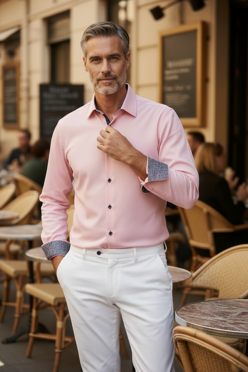 Pink Luxury Cotton Dress Shirt with Tweed Contrast Cuffs