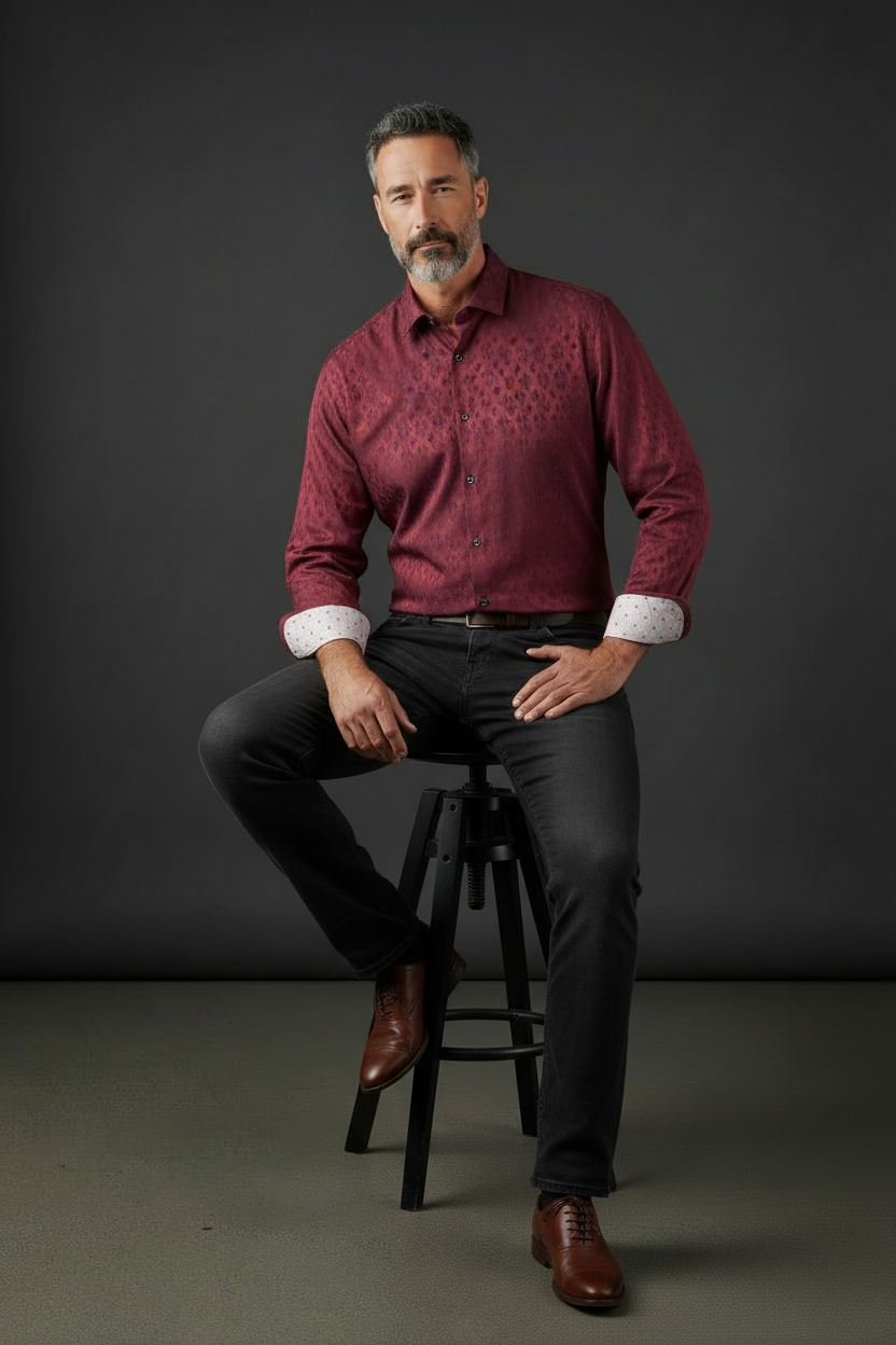 Burgundy Diamond Pattern Dress Shirt - 100% Cotton with Polka Dot Cuff Details