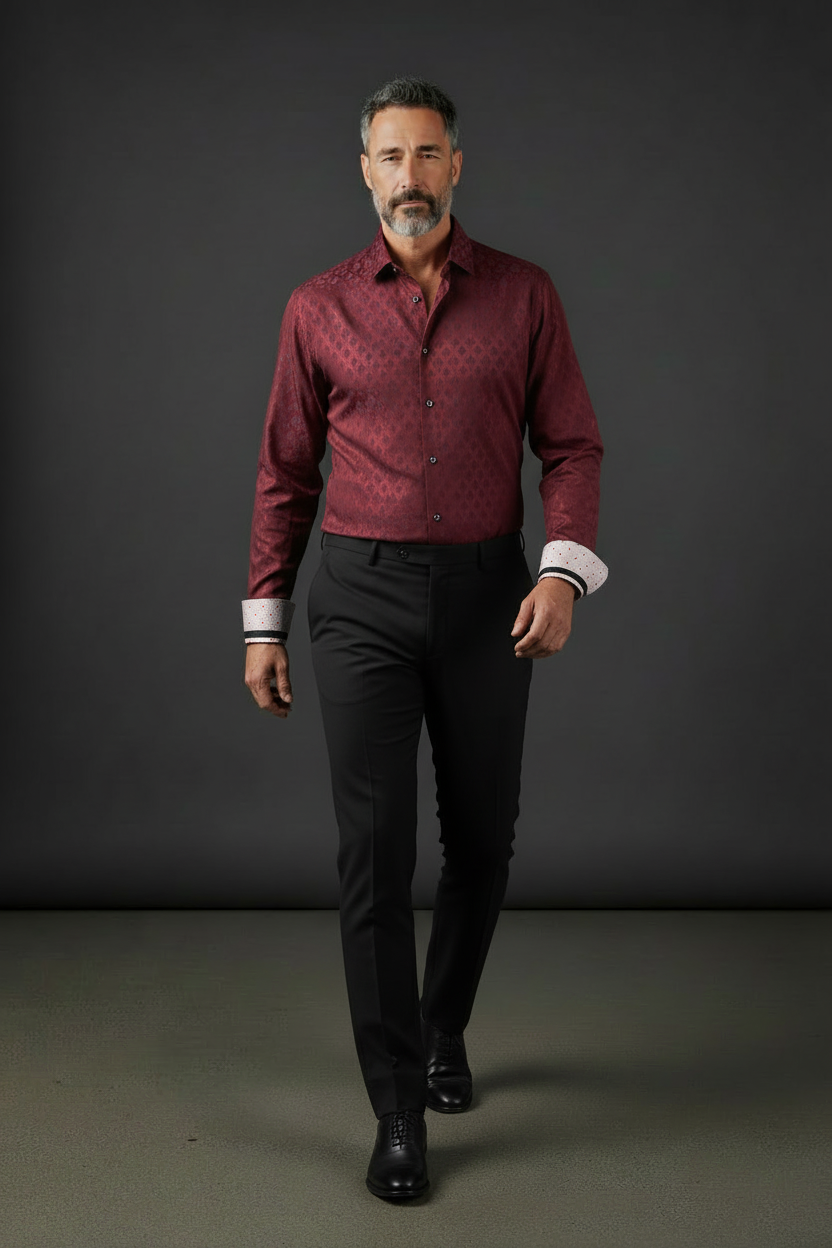 Burgundy Diamond Pattern Dress Shirt - 100% Cotton with Polka Dot Cuff Details