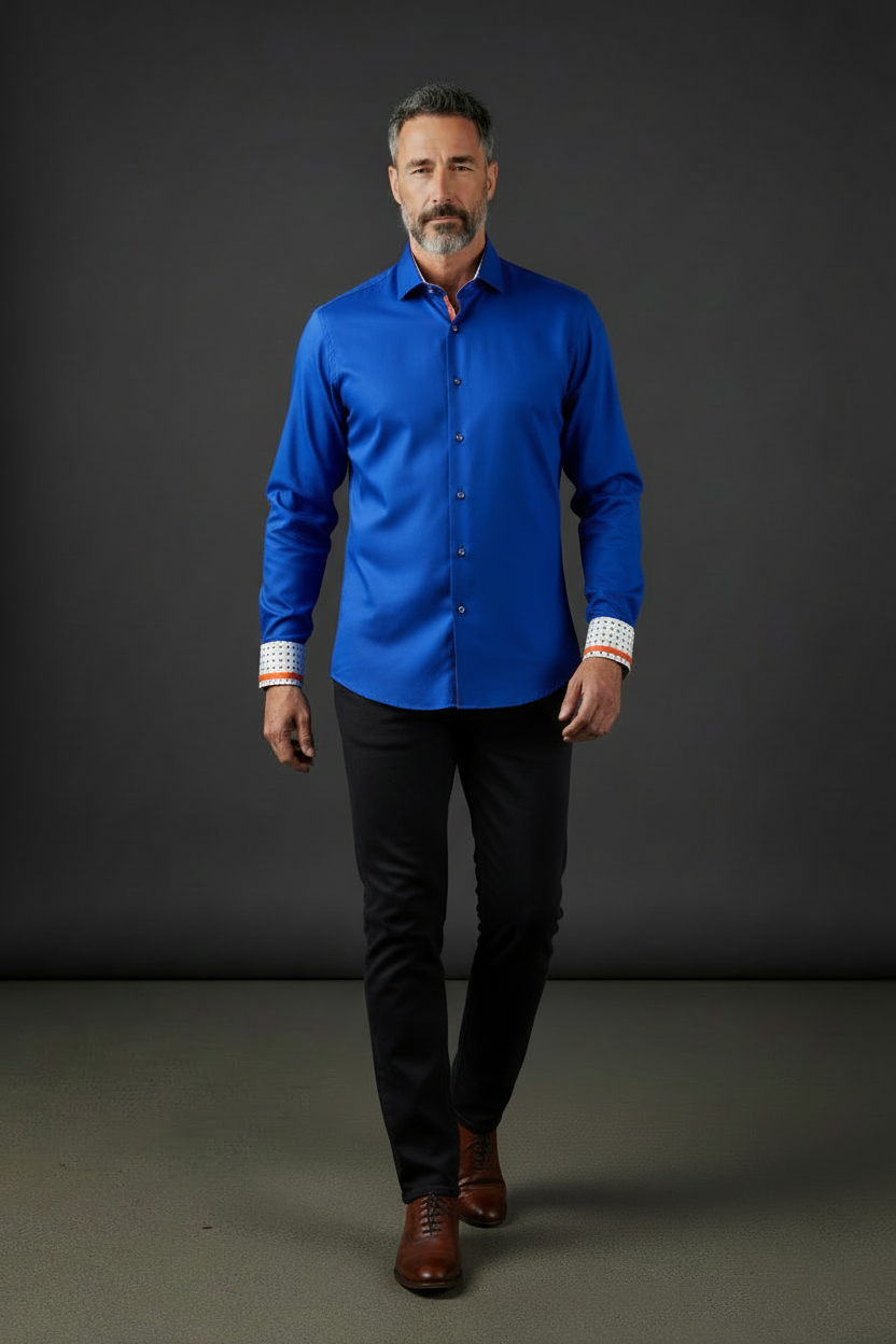 Royal Blue Dress Shirt with Geometric Patterned Cuff Details