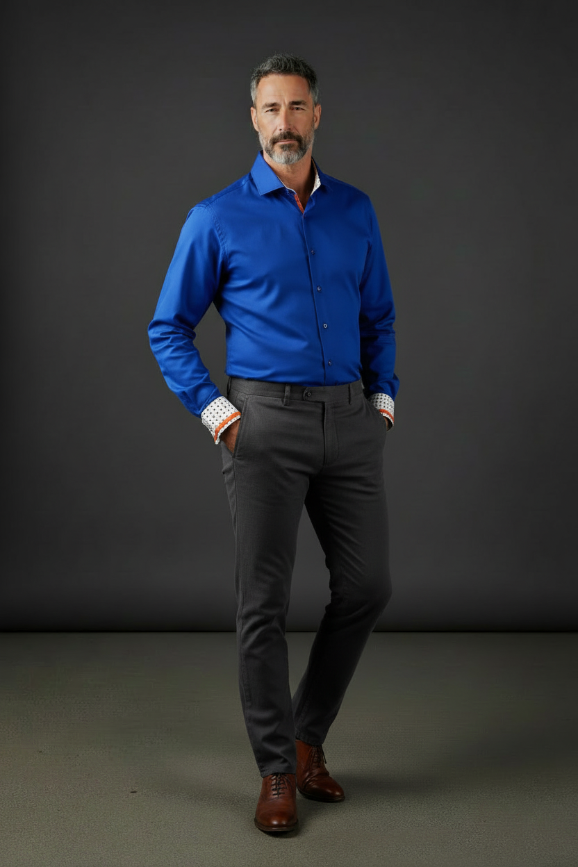 Royal Blue Dress Shirt with Geometric Patterned Cuff Details