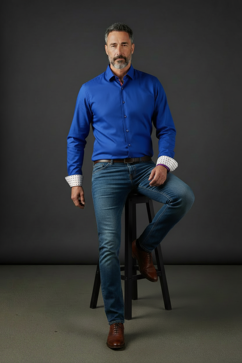 Royal Blue Dress Shirt with Geometric Patterned Cuff Details