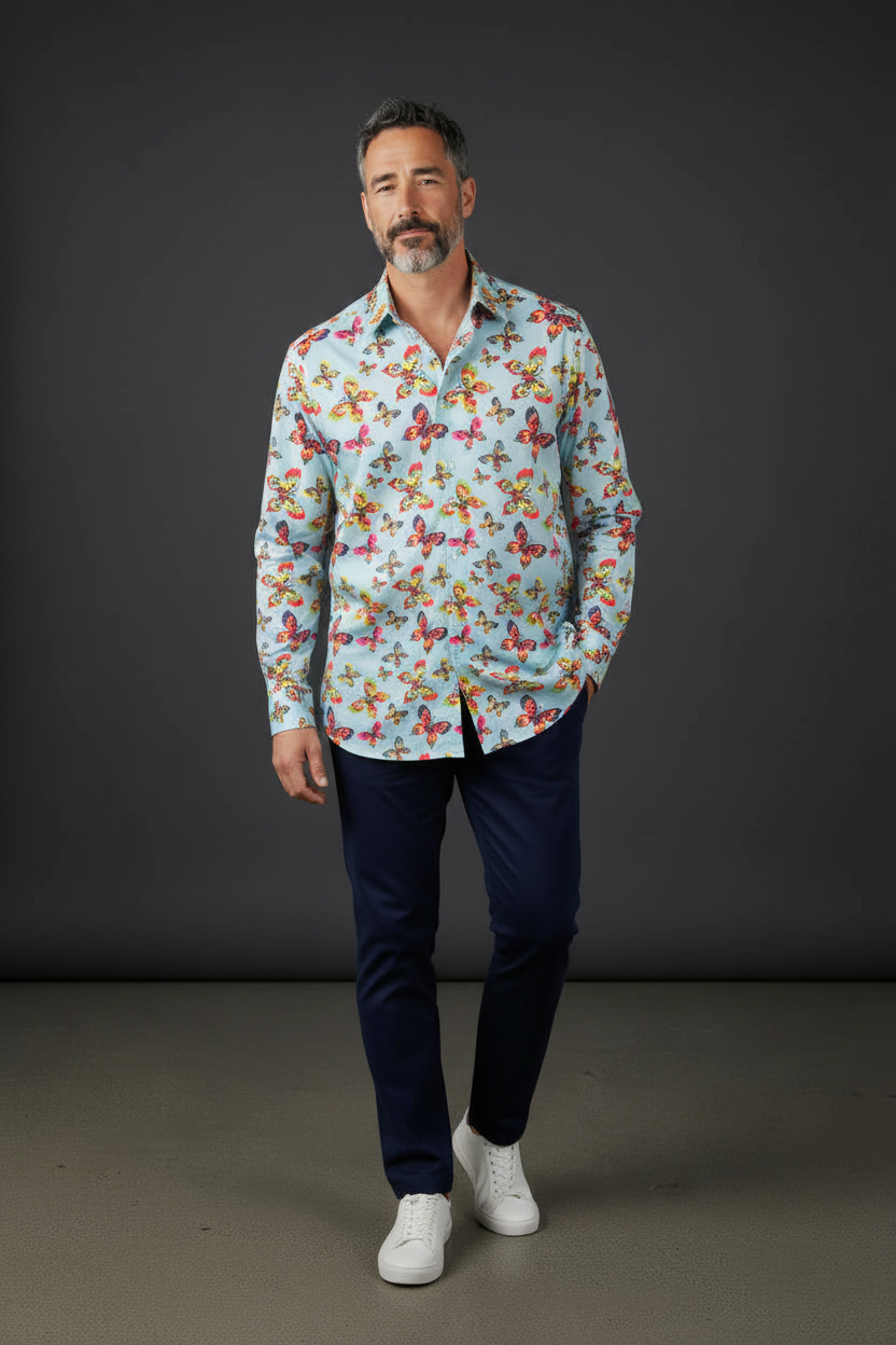 Light Blue Butterfly Print Dress Shirt