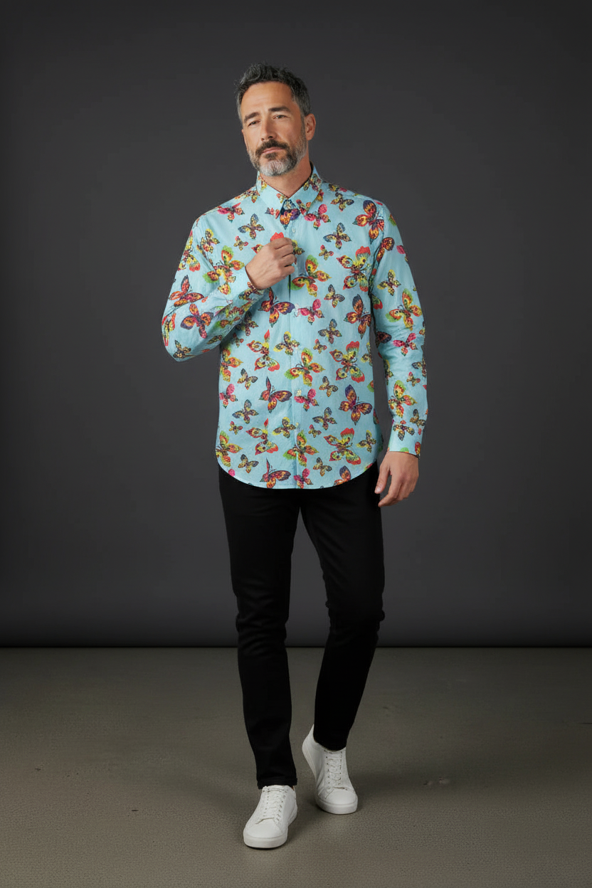 Light Blue Butterfly Print Dress Shirt