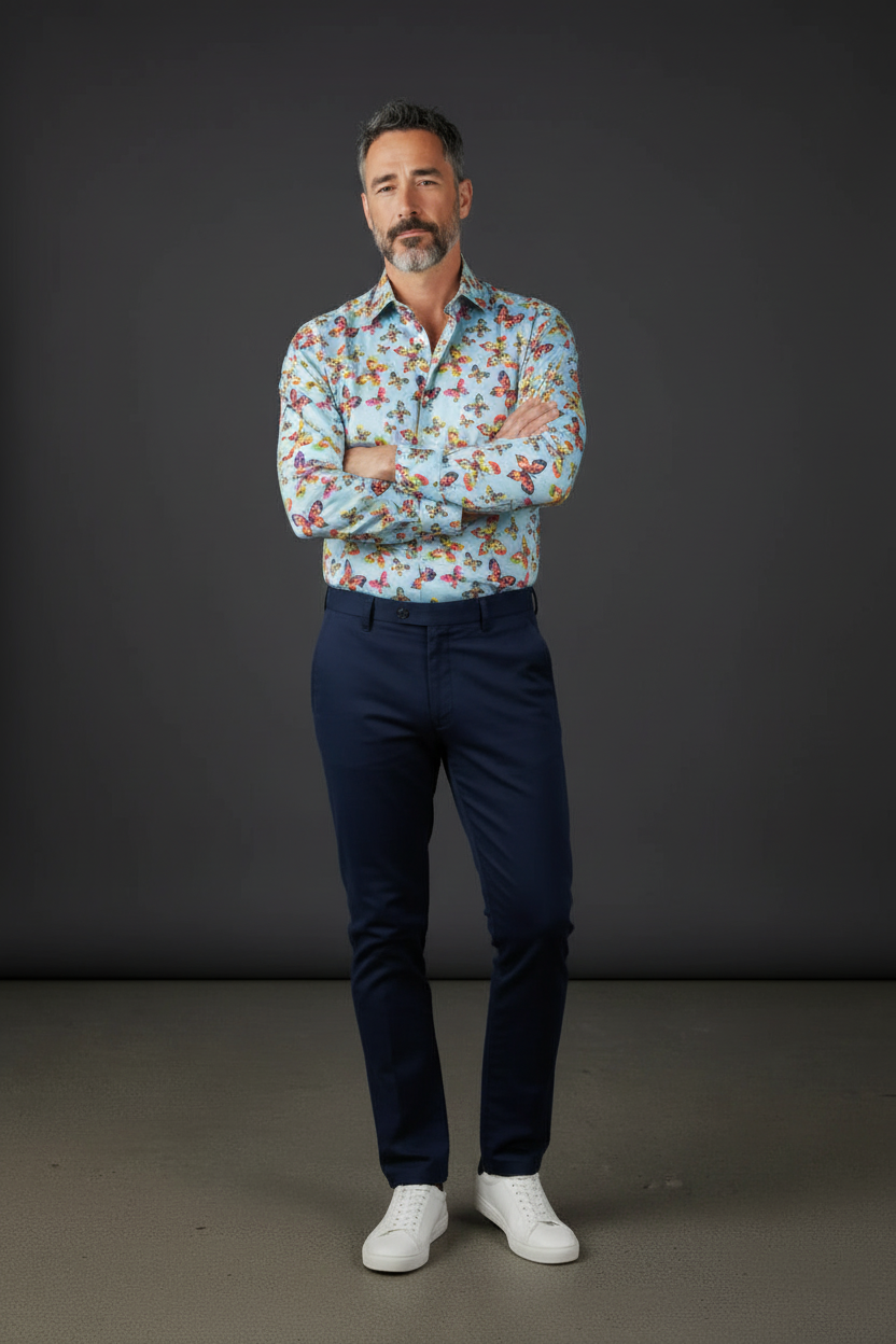 Light Blue Butterfly Print Dress Shirt