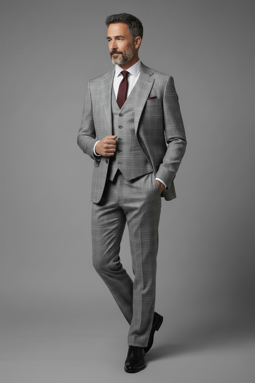 Premium Grey Windowpane Plaid Three-Piece Suit