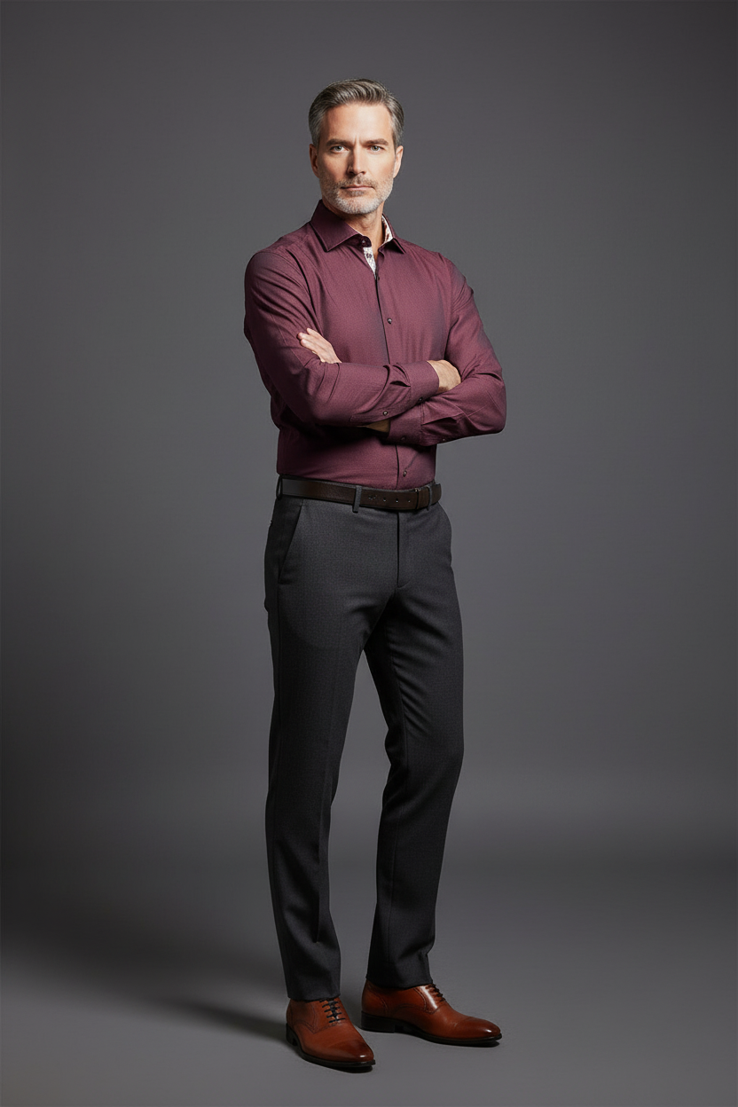 Burgundy Textured Cotton Dress Shirt - Polka Dot Collar Detail
