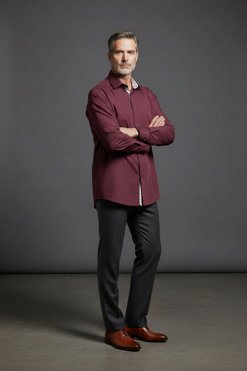 Burgundy Textured Cotton Dress Shirt - Polka Dot Collar Detail