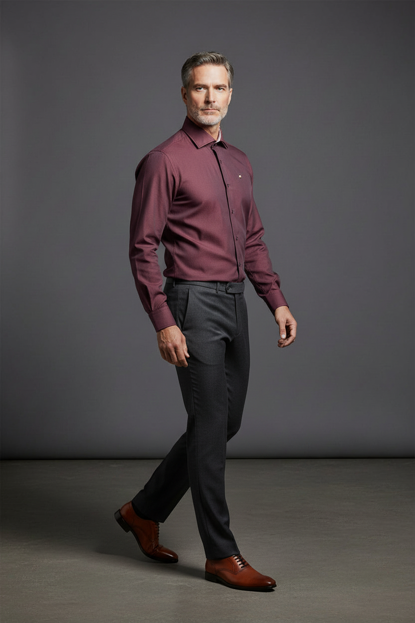 Burgundy Textured Cotton Dress Shirt - Polka Dot Collar Detail