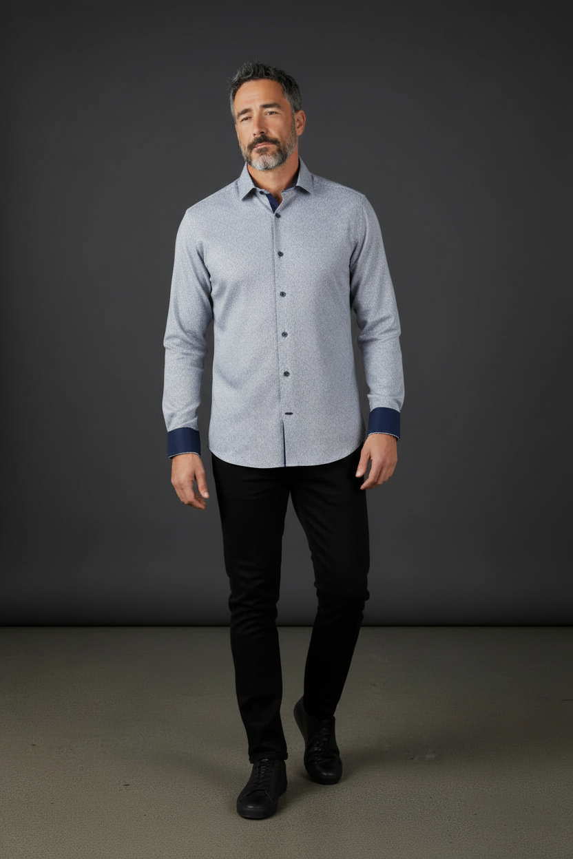Premium Textured Cotton Dress Shirt with Navy Contrast