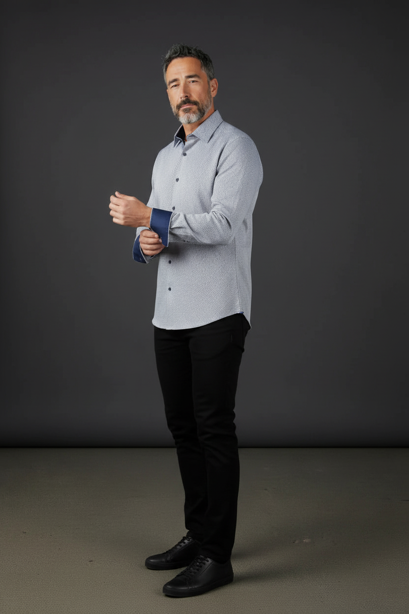 Premium Textured Cotton Dress Shirt with Navy Contrast