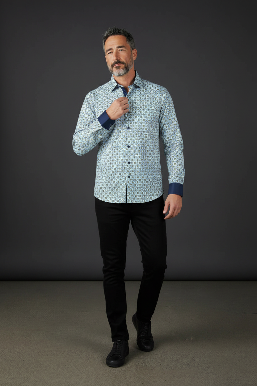 Geometric Medallion Cotton Dress Shirt with Navy Contrast