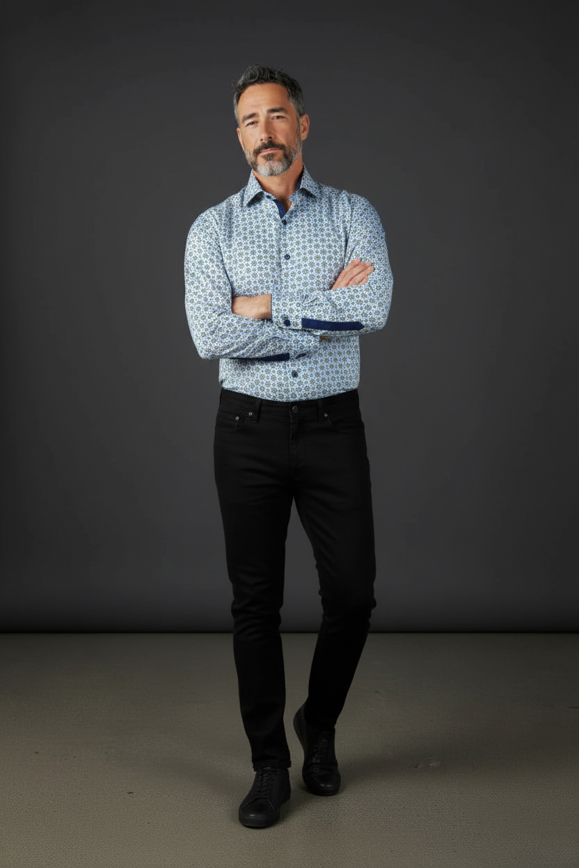 Geometric Medallion Cotton Dress Shirt with Navy Contrast