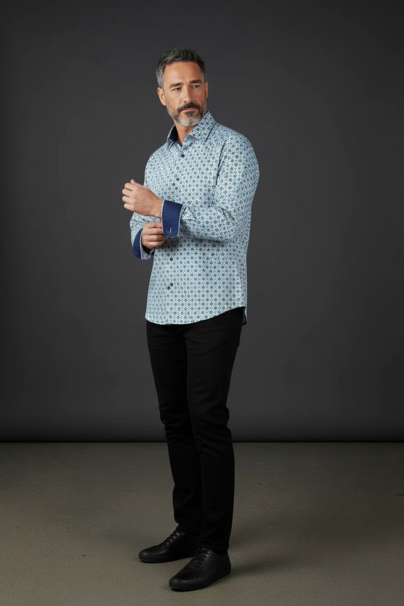 Geometric Medallion Cotton Dress Shirt with Navy Contrast