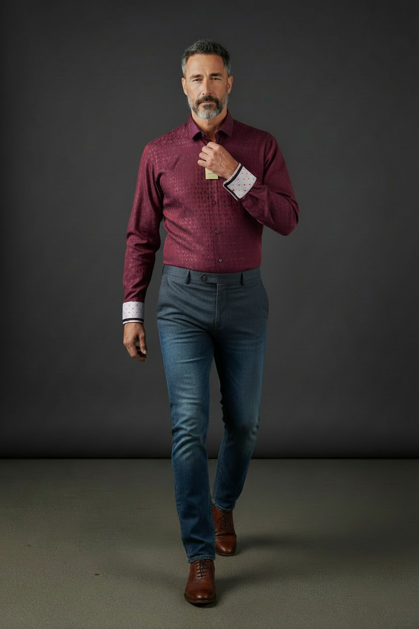 Burgundy Diamond Pattern Dress Shirt - 100% Cotton with Polka Dot Cuff Details